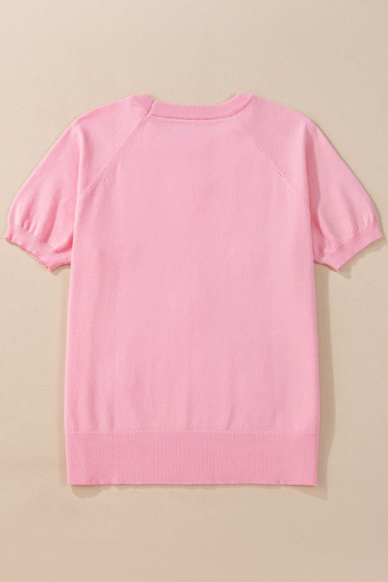 Floral Knit Short Sleeve Top in Charming Pink - Love Salve